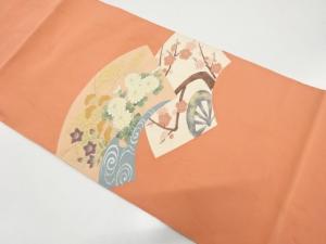 綴れ　地紙に梅・秋草模様織り出し　名古屋帯